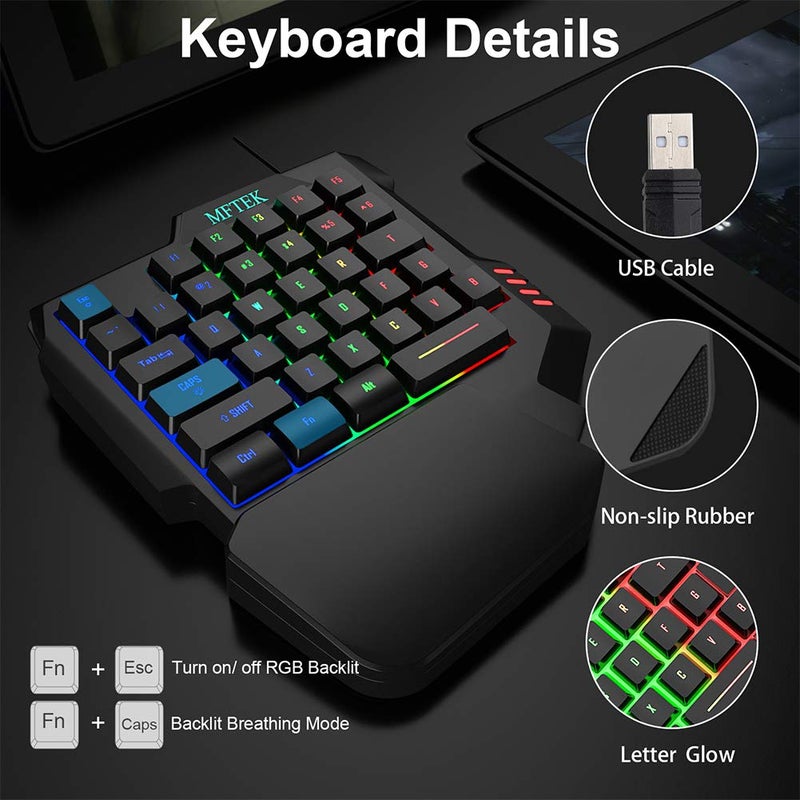MFTEK One Hand Gaming Keyboard and Mouse Combo, RGB Rainbow Backlit One-Handed Mechanical Feeling Keyboard with Wrist Rest Support, USB Wired Keyboard Mouse and Mouse Pad Set for PC PS4 Gamer - Image 3